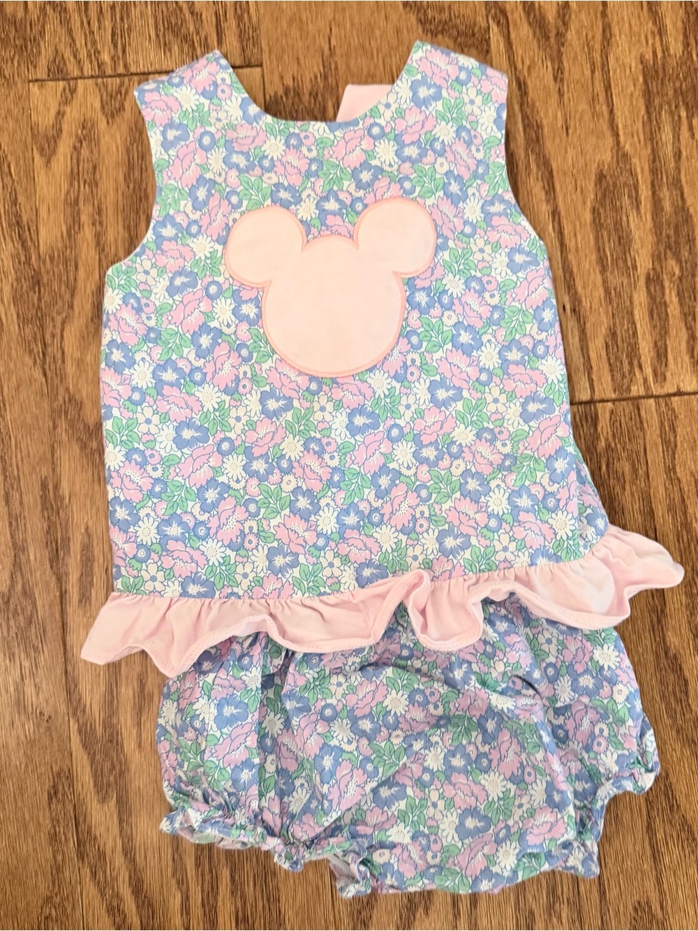 Girls Floral Pink Ruffle Diaper Cover Set with Mouse Applique